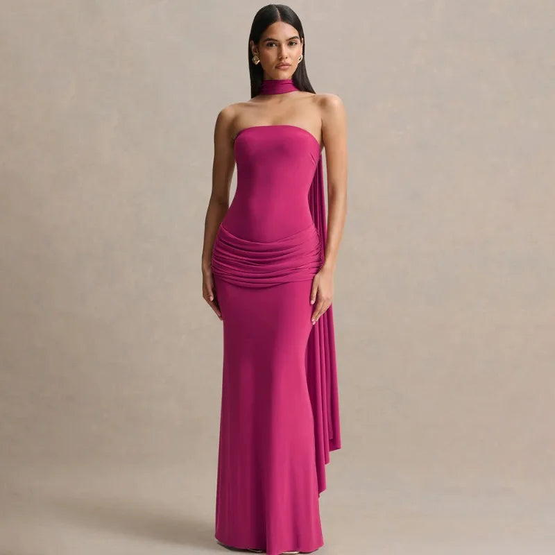Elegant Party Evening Dresses Wedding Guest Black Strapless Maxi Dress with Draped Detailing and Scarf
