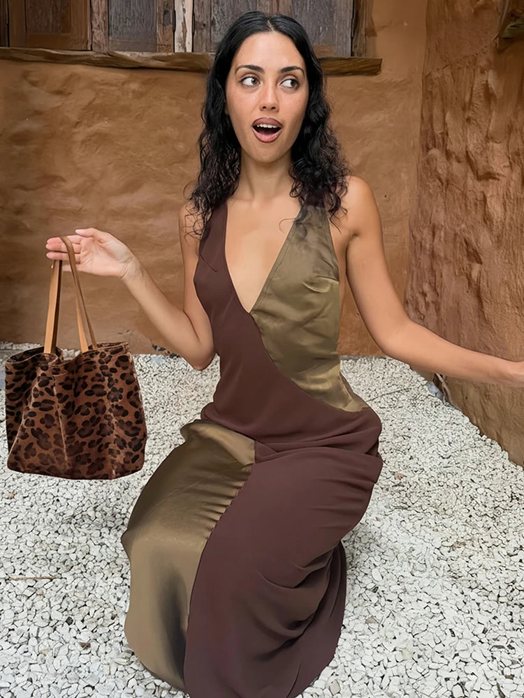 Fashion Backless Dress Women Sexy Bright Silk Patchwork Halter Sleeveless Simple Elegant Vacation Party Club Bodycon