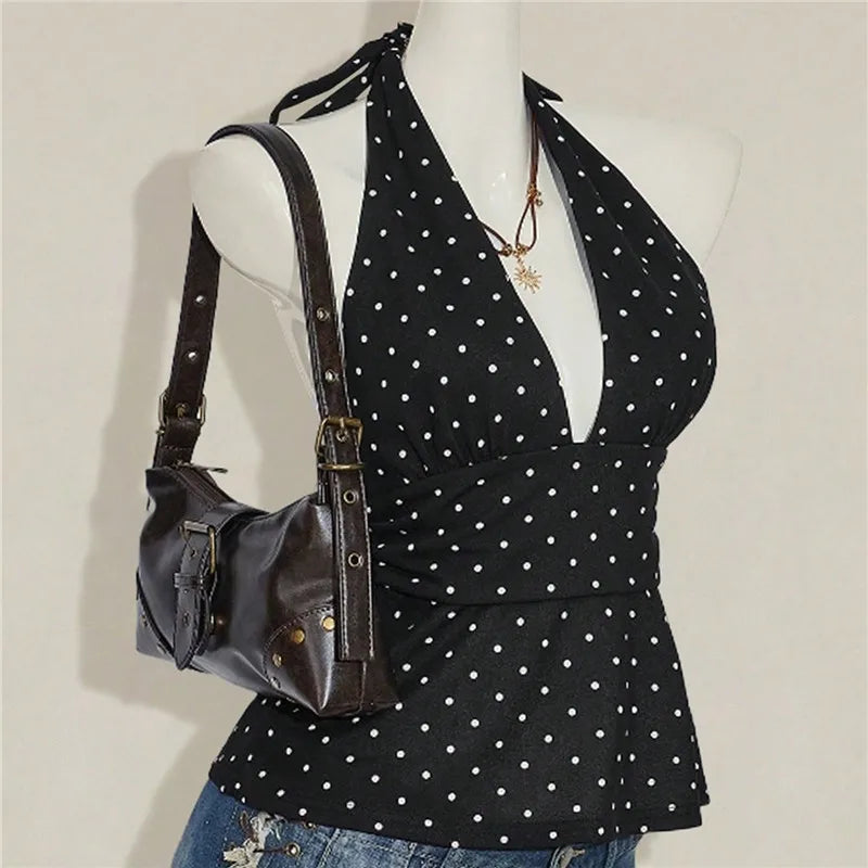 Ladies Vintage Polka Dot Halter Neck Top Deep V Tie Back Sleeveless Ruched Waist Peplum Tank Top For Y2K Streetwear