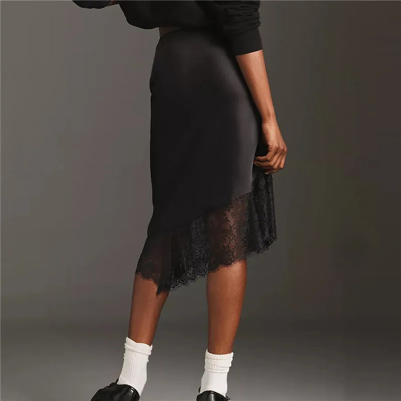 Women Lace Satin Midi Skirt Y2K Lace Trim Silk Half Slip Skirt High Waist A Line Long Underskirt Going Out Streetwear