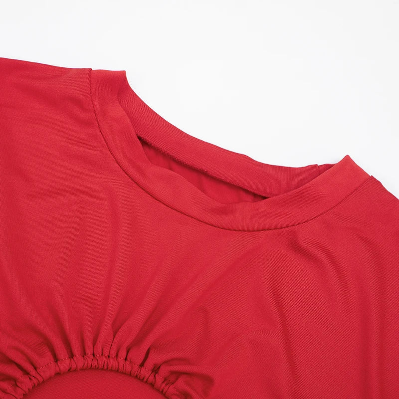 Fashion Summer 2Piece Set Women Solid Shorts Sleeve Ruched Brooch Crop Tops+Irregular Ribbon Skirts Matching Club Outfits