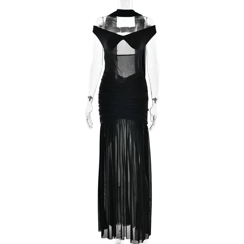 Off Shoulder Backless Split Pleated Maxi Dress See Through Mesh Elegant Party Dresses Woman Sexy Outfits