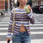 Women Round Neck Striped Ribbed Knit Sweater Flare Sleeve Button Front Slim Fit Cropped Cardigan Street Casual Outerwear