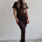Turtleneck Short Sleeve Sexy Maxi Dress Women Gown Elegant Patchwork Mesh Sheer Backless Bodycon Club Party Long Dress