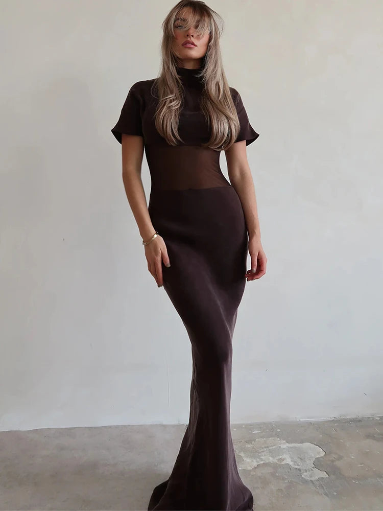 Turtleneck Short Sleeve Sexy Maxi Dress Women Gown Elegant Patchwork Mesh Sheer Backless Bodycon Club Party Long Dress