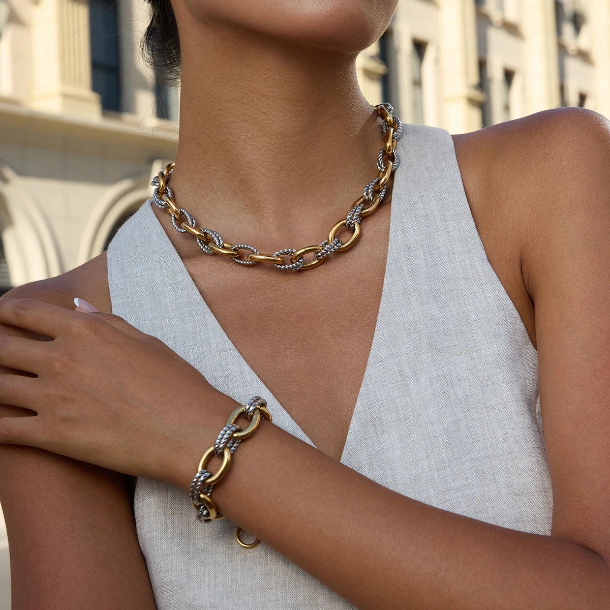 Women's Stainless Steel Two Color Design Necklace 18k Gold Color Plated Twisted Splicing Stackable Waterproof Jewelry