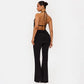Sexy Black Two Piece Outfit for Woman Open Back Halter Top Metal Buckle Flare Pants Matching Sets Club Wear