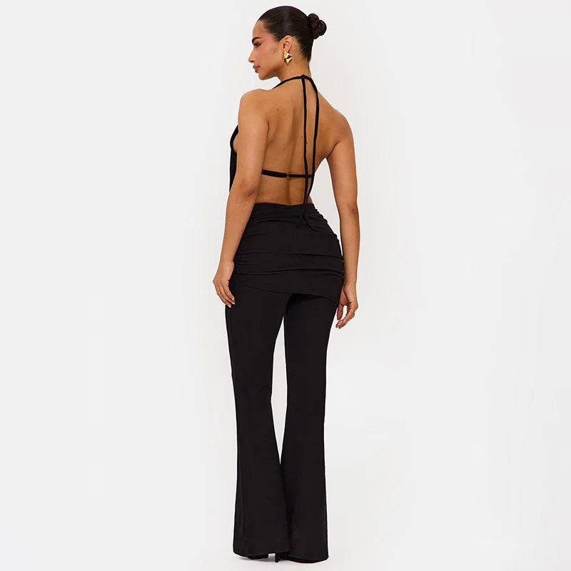 Sexy Black Two Piece Outfit for Woman Open Back Halter Top Metal Buckle Flare Pants Matching Sets Club Wear