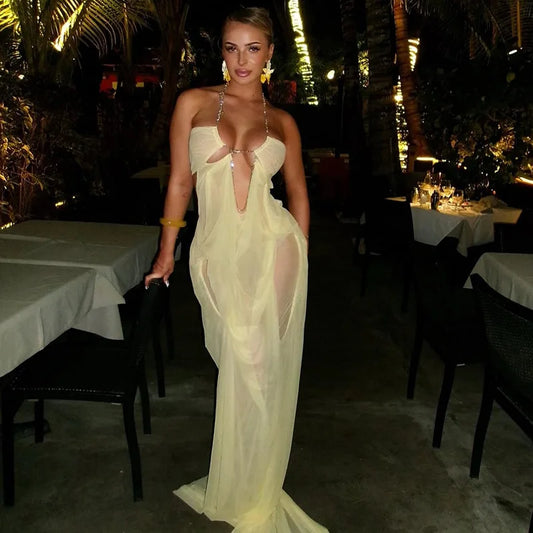 See Through Mesh Halterneck Ruched Maxi Dress Summer 2026 Woman Clothes Sexy Beach Dresses Vacation Outfits