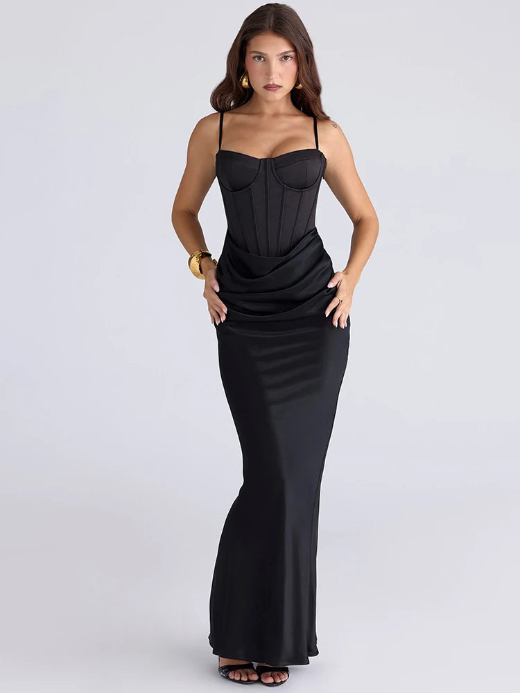 Spaghetti Strap Backless Sexy Maxi Dress Women Gown Elegant Black Strapless Sleeveless High Waist Ruched Club Dresses