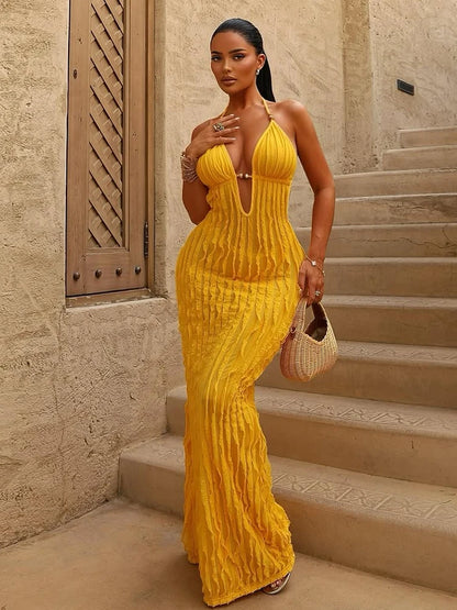 Ruched Elegant Maxi Dress Women Beads Lace-Up Halter Low-Neck Backless Vacation Street Fashion Solid Skinny Vestidos