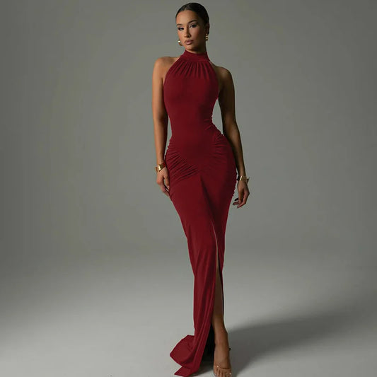 Sleeveless Ruched Split Maxi Dress Black Burgundy Elegant Evening Dresses Woman Sexy Club Outfit for Womens