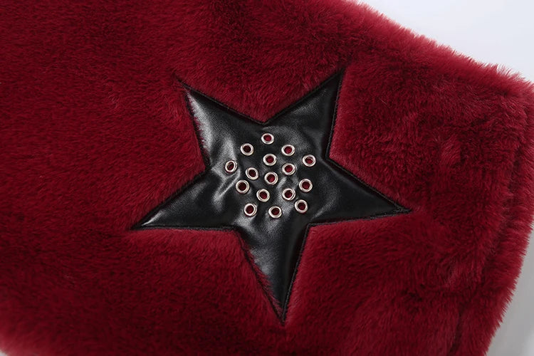 Peach Hip Furry SkirtS Women Autumn Trend Rivet Star Leather Patchwork Midnight Party Clubwear Fashion Hottie Bottoms