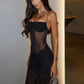Women Mesh Sheer Sexy Maxi Dress Spaghetti Strap Halter Neck Cutout See‑Through Bodycon Evening Party Long Dresses
