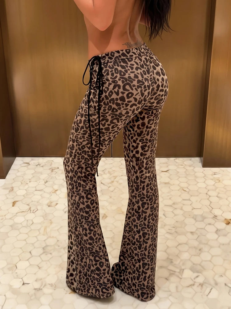 Hottie Shirring Bell Pants Women Fashion Trend Leopard Print Drawstring Stretch Skinny Midnight Street Club Bottoms