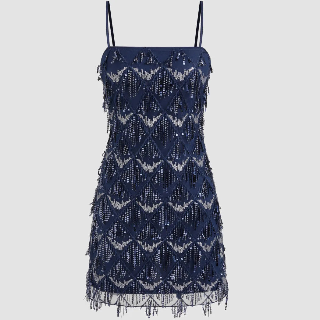 Women Y2K Sparkly Sequin Fringe Mini Dress Spaghetti Strap Bodycon Cocktail Dress for Nightclub Party Music Festival