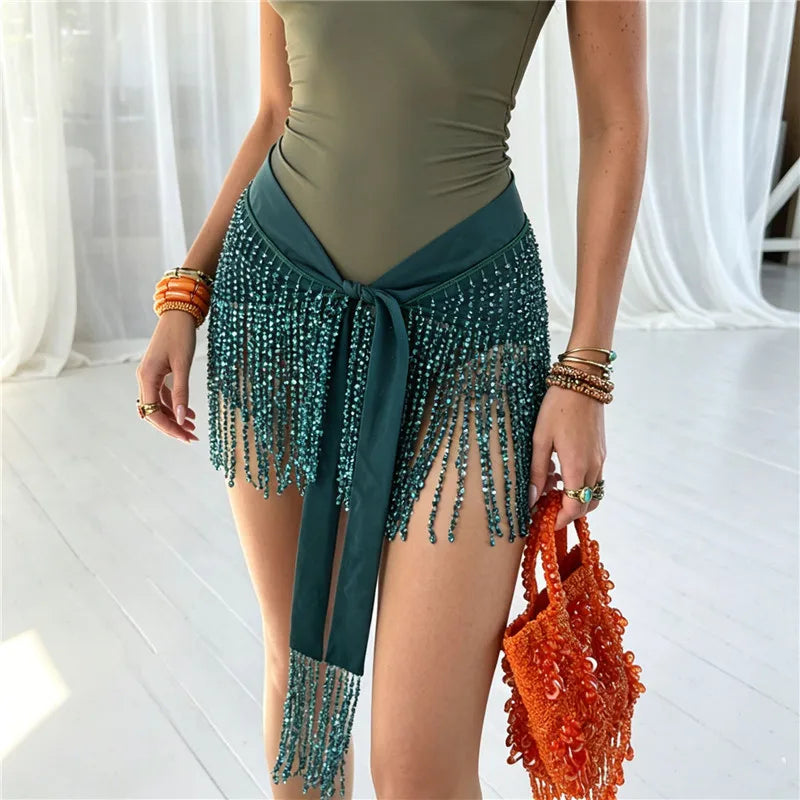 Women Festival Beaded Fringe Wrap Skirt Tie Waist Sparkly Tassel Mini Skirt Beach Swimsuit Cover Up Belly Dance Skirt