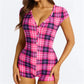 Holiday Xmas Stripe Tartan Romper Ladies Deep V Henley Button Front Short Sleeve Stretch Skinny Sleep Short Jumpsuit