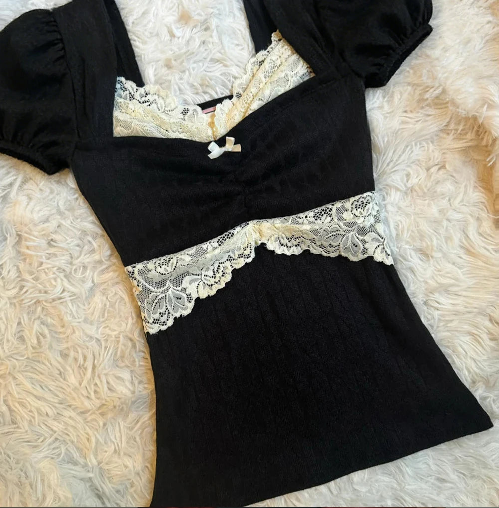 Women Summer Lace Patchwork Coquette Shirt Short Sleeve Y2k Grunge Tops Ribbed Knit Slim Fit 2000s Aesthetic Clothes