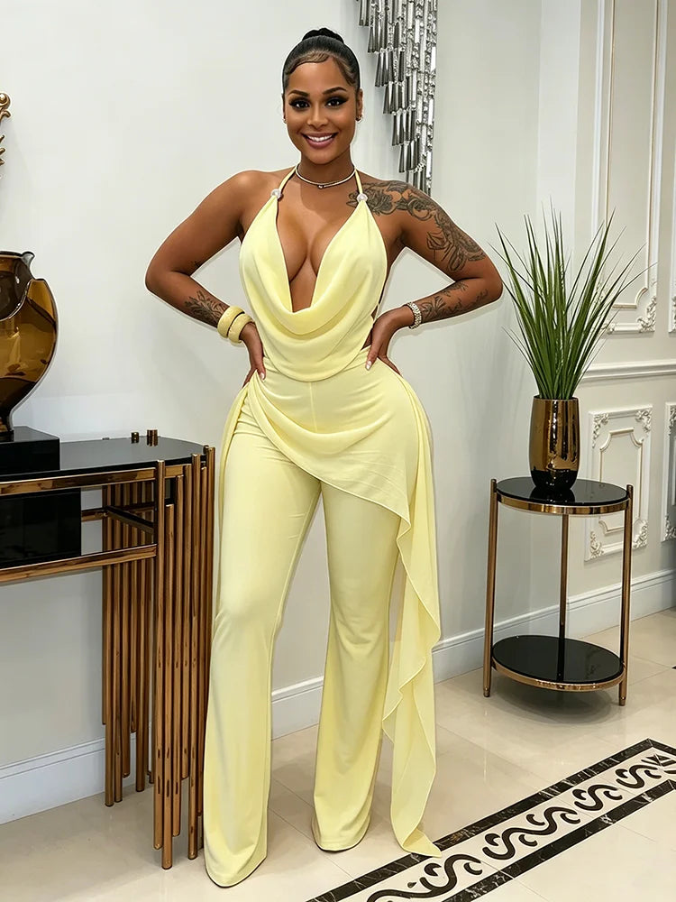 Backless Halter Jumpsuit Women Fashion Simple Bandages Ruched Mesh Ribbon Patchwork Sleeveless Chic Party Streetwear