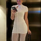 Jacquard Shirring Dress Women See Through Sexy Elegant Chic Y2K Shorts Sleeve Peach Hip Simple Fashion Mini Bodycon