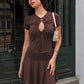 Short Sleeve Mini Dress with Keyhole Cutout and Ruched Waist Brown Black Dresses for Woman Clothing
