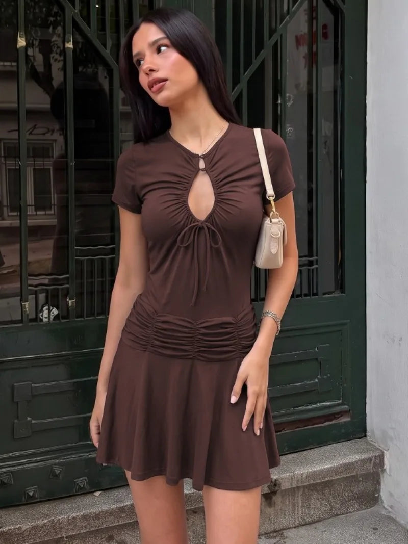 Short Sleeve Mini Dress with Keyhole Cutout and Ruched Waist Brown Black Dresses for Woman Clothing