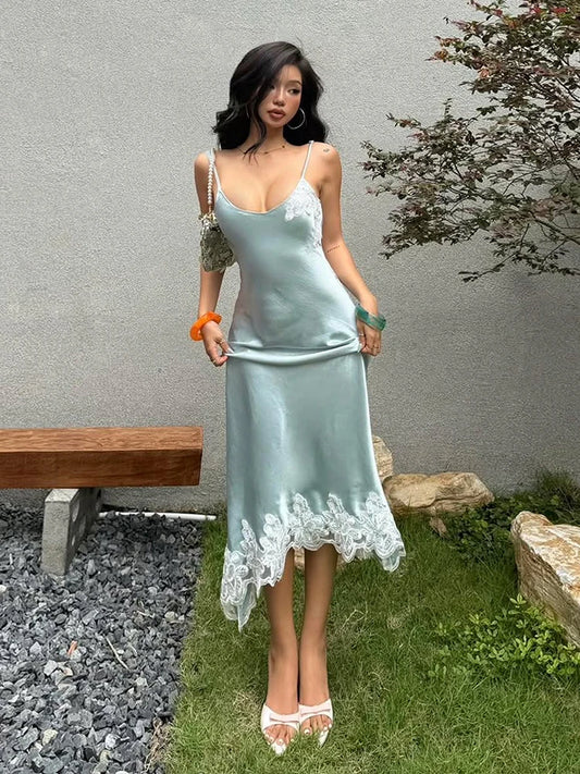 Patchwork Satin Lace Maxi Dress Women Low-Neck Sleeveless Skinny Elegant Vacation Prom Party Classic Chic Vestidos