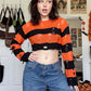 Y2K Punk Distressed Striped Crop Knit Sweater Women Cross Lace Up Side Long Sleeve Ripped Hole Gothic Streetwear Top