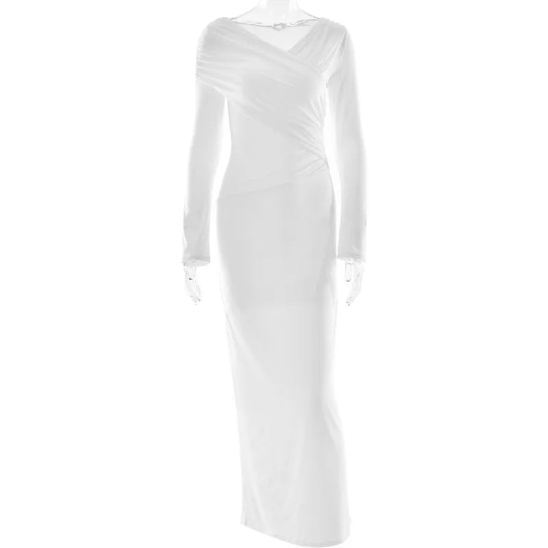 V Neck Off Shoulder Long Sleeve Maxi Dress White Elegant Dresses for Woman for Party Outfits Autumn 2025