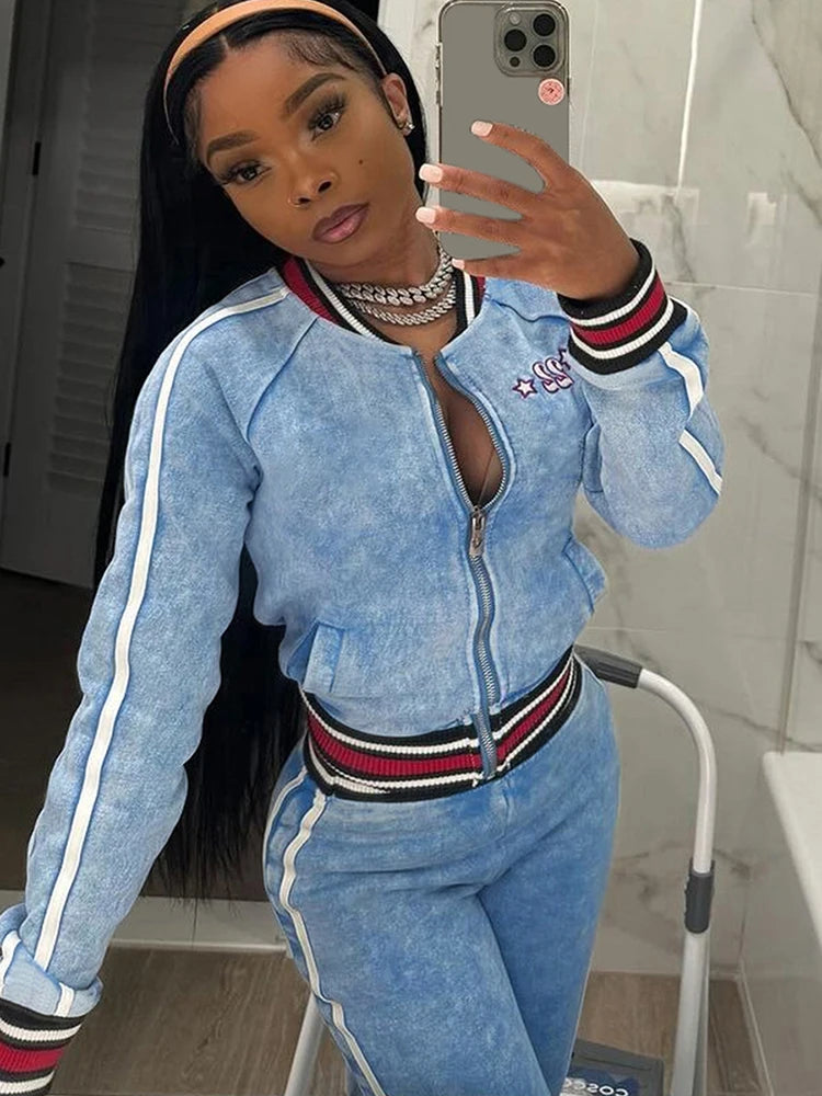 Tie-Dye Print Women Tracksuit 2 Piece Set Print Zip Crop Jacket+Straight Pants Matching Streetwear Casual Sporty Suit