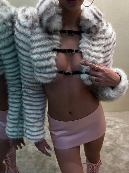 Metal Leather Buckle Faux Fur Crop Jacket Woman Streetwear Fashion Sexy Winter Coats 2025 New Arrivals