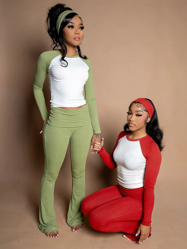 Christmas Party 2Piece Set Woman Contrast Patchwork o-Neck Full Sleeve Crop Tops+High Waist Long Pant Casual Fashion Suit