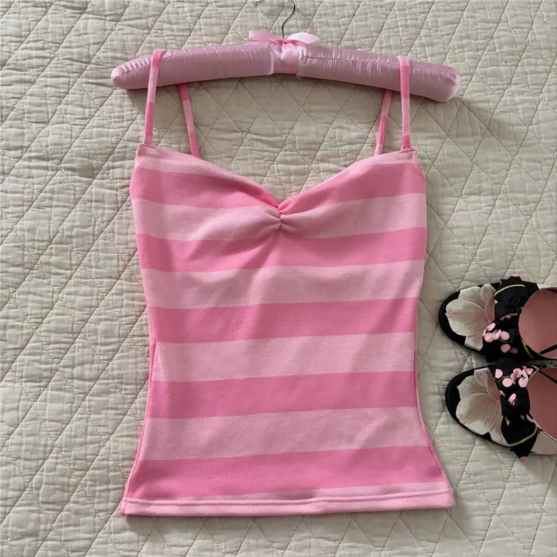 Cute Stripe Camisole Top Summer Women Sweetheart Neck Spaghetti Strap Slim Low Back Crop Top Y2K Aesthetic Streetwear