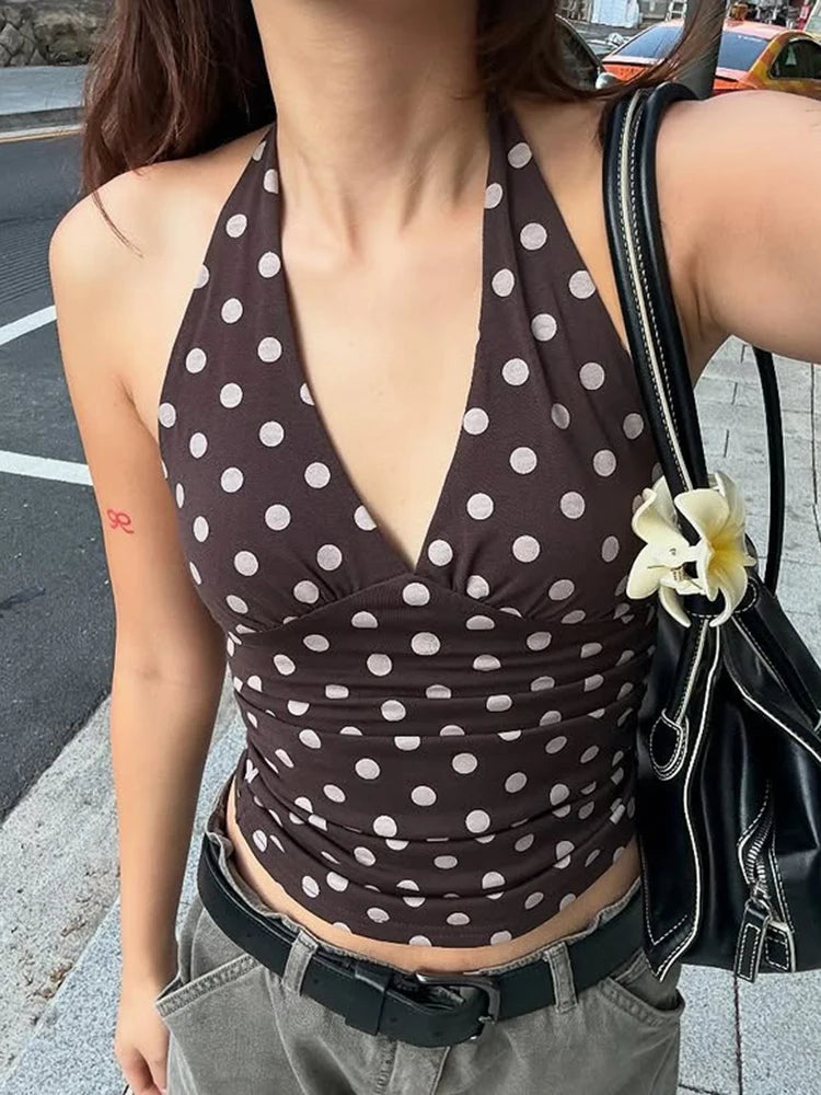 Polka Dot Print Vest Women Y2K Lace-Up Backless Halter v-Neck Skinny Summer Trend Daily  Street Basic Chic Tank Tops