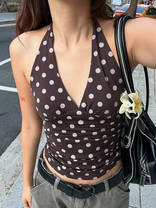 Polka Dot Print Vest Women Y2K Lace-Up Backless Halter v-Neck Skinny Summer Trend Daily  Street Basic Chic Tank Tops