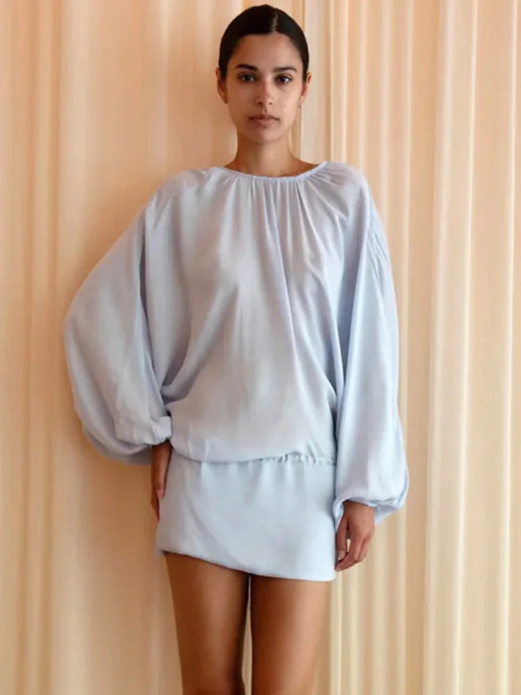 Women Blouse Sexy Mini Dress Loose Lantern Long Sleeve Round Neck Pleated Backless Dress Casual Party Beach Outfits