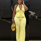 Sexy Fashion 2 Piece Set Woman Halter Low-Neck Backless Lace-Up Design Tank Tops+Jacquard Long Pant Street Style Suit