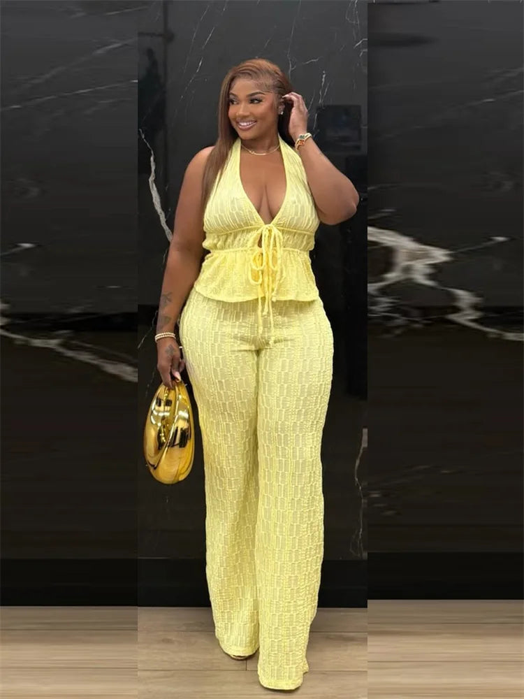 Sexy Fashion 2 Piece Set Woman Halter Low-Neck Backless Lace-Up Design Tank Tops+Jacquard Long Pant Street Style Suit