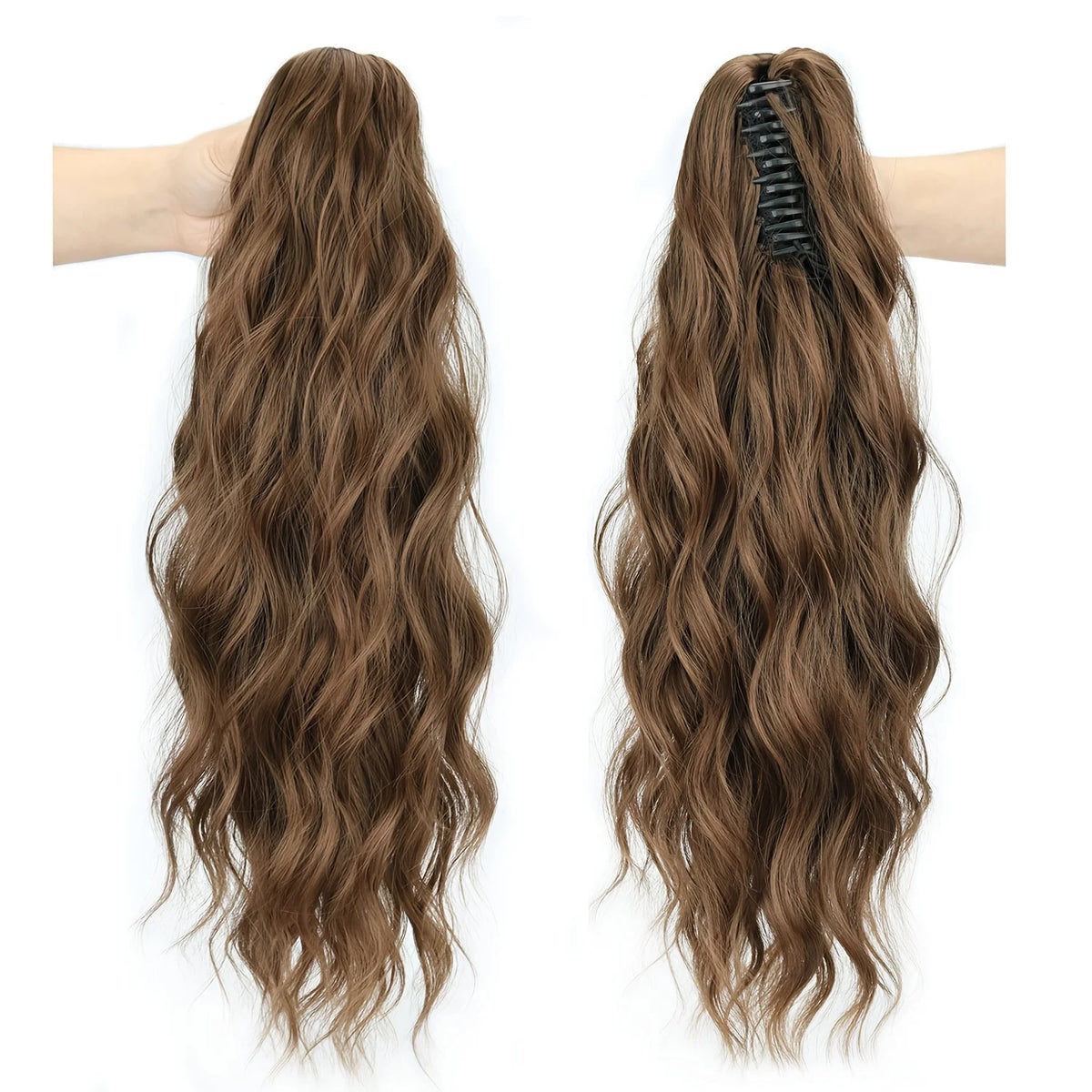 Synthetic Claw Clip Ponytail 18Inch Long Wavy Black Brown Heat Resistant Type Layered Horse Tail  Hair Extension