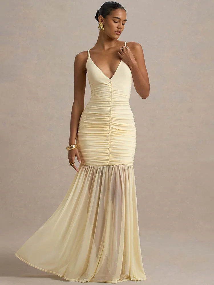 Spaghetti Strap Backless Sexy Maxi Dress Women Gown Fashion Patchwork Off-shoulder V Neck Ruched Pleated Party Dress