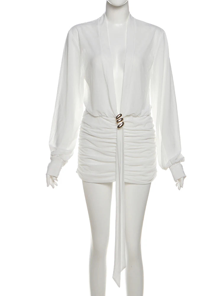 See Through Dress Women Sexy Deep V-Neck Long Sleeve Metal Trim Folds Ribbon Skinny Sexy Street Fall Trend Bodycon