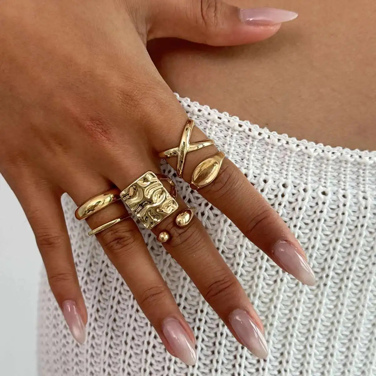 6Pcs/Set Retro Gold Color Irregular Geometric Open Rings for Women Trendy Simple Alloy Finger Ring Engagement Jewelry