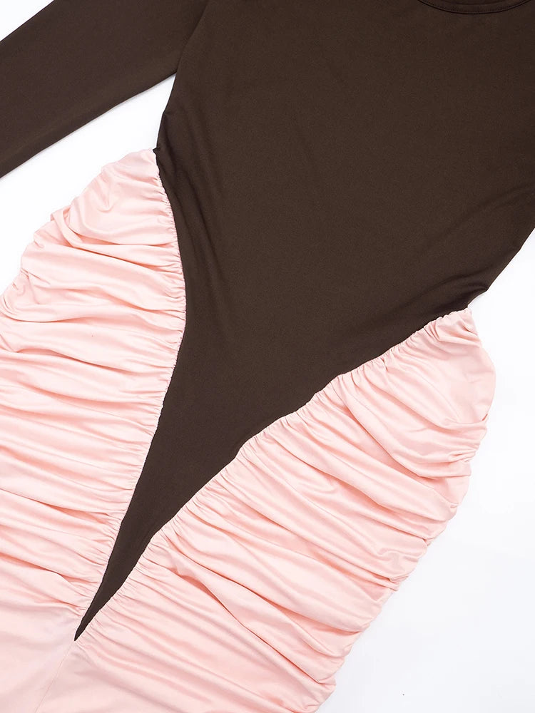 Peach Hip Dress Women Elegant Patchwork Pleat O-Neck Full Sleeve Autumn Trend Classic Sexy Stretch Skinny Maxi Bodycon