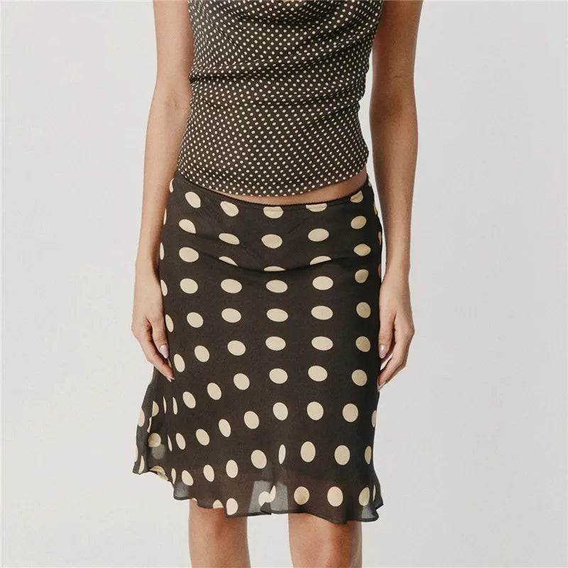 Women's Boho Polka Dot Midi Skirt High Waist Ruffle Hem Silky Satin Flared Skirt Beach Vacation Summer Casual Skirt