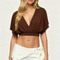 Women Solid Color V Neck Wrap Front Crop Top Batwing Sleeve Ruched Blouse Casual Summer Short Sleeve Fashion Shirts