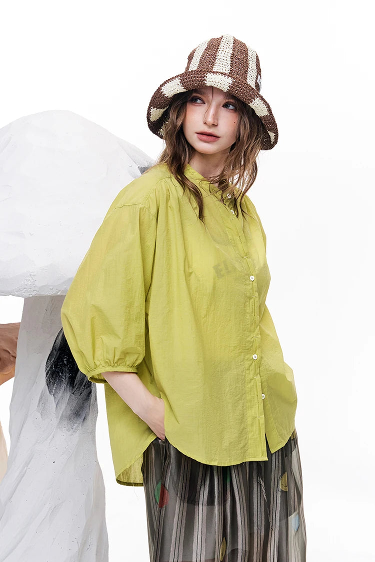 Women's Solid Color Sheer Blouse, Stand Collar Puff Sleeve Casual Button Down Loose Fit Shirt