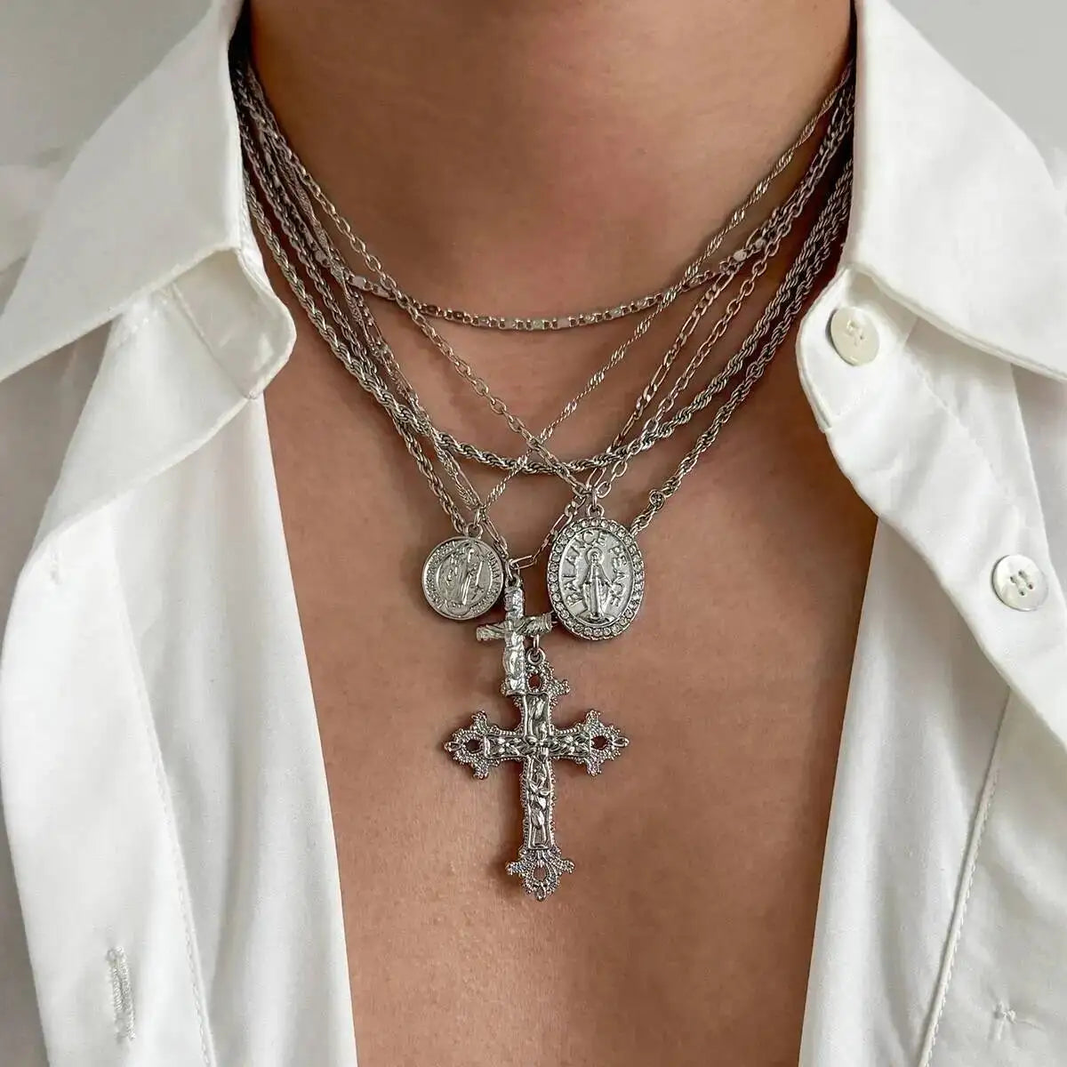 6Pcs/Set Punk Big Cross Jesus Pendant Choker Necklace for Men Collaes Hip Hop Adjustable Chain Christian Jewelry Gift