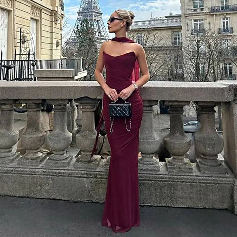 Sexy 2 Piece Set Mesh Strapless Corset Top and Maxi Skirt Co Ord Sets for Woman Elegant Party Outfit