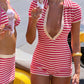 Preppy Striped Knit Romper Turn Down Collar Short Sleeve Button Front Deep V Bodycon Playsuit Y2K Holiday Streetwear